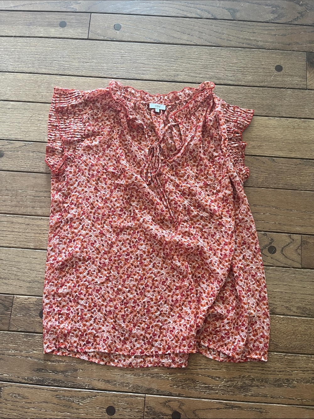 Floral Tie-Neck Blouse in Coral